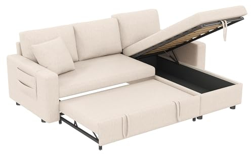Azkoeesy Sofá cama desplegable de 3 plazas con función de dormir y almacenamiento, sofá de esquina en forma de L con chaiselongue para salón, intercambiable a izquierda y derecha, tejido de lino
