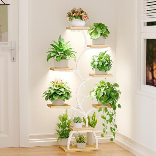 BACEKOLL Soporte para plantas con luz de crecimiento - 8 niveles, soporte para flores de 124 cm, metal y madera, estantería para plantas - Escalera de flores para interior y exterior - Blanco