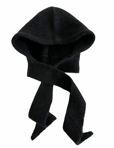 KGGT Women Knitted Hooded Hat Long Scarf Cap Cute Balaclava Bonnet Skull Cap Y2K Winter Pullover Hat(Black)