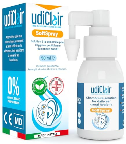Spray Limpiador de Oídos UdiClair SoftSpray 50ml - Higiene Diaria del Oído - Elimina el Cerumen y Previene los Tapones de Cera - Solución Isotónica para Adultos y Niños con Manzanilla Made in Italy