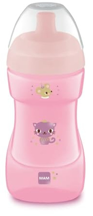 MAM Sports Cup Tazza bambini 330 ml, Biberon acqua e latte per neonati 12+ mesi da viaggio ideale fuori casa, Borraccia neonato ricurva con beccuccio anti-goccia e valvola per flusso libero, Rosa