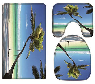 A.Monamour Badezimmer Badematte 3 Teilig Set Karibik Tropischer Strand Kokospalme Mit Schaukel Ozean Flanell WC Toilette Deckel Deckt Bad Matte Teppich Badteppiche Badvorleger Badgarnitur Vorleger