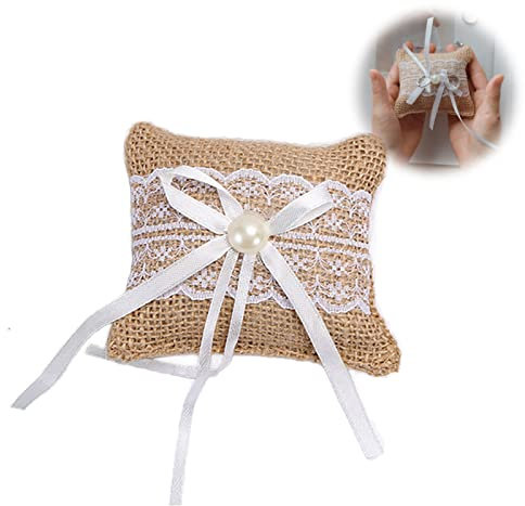 BASTOUR Kissen für Hochzeitsringe, Jutekissen für Eheringe, Ringkissen aus Spitze, rustikales Ringkissen, mit schöner Schleife und Kunstperle