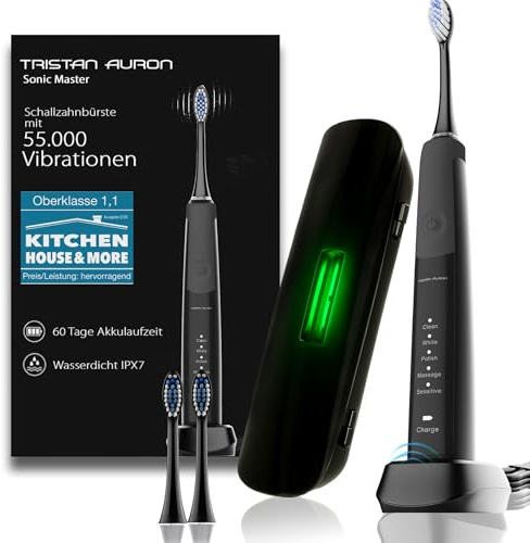 Tristan Auron Schallzahnbürste mit 55.000 Vibrationen - 60 Tage Akku - 5 Modi - 2 Min. Timer + inkl. UV Reiseetui und 2 Bürstenköpfe - Elektrische Zahnbürste SonicMaster schwarz