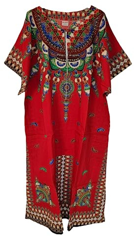 Vestido largo de caftán para mujer, 100 % algodón, estampado africano, talla única, suelto, estilo holgado, para la playa, rosso, Talla única