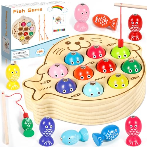 GUHAOOL Barnspel, Montessorispel, träleksaker magnetiskt fiskespel, flicka/pojke/baby present 3 år, pedagogiska spel för 3, 4 5 år