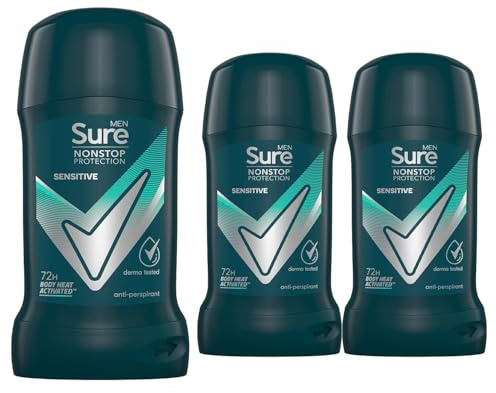 Sure Antiperspirant Deodorant Stick Sensitive 72H Nonstop Sweat and Odour Protection Roll On with Citrusy, Spicy and Woody Scent Deodorant for Men, 50ml Pack of 3