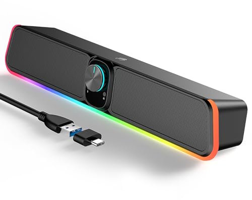 BUSP-HYY Computer Speakers - Wired USB Powered Bluetooth Computer Sound Bar with RGB & Volume Knob, HiFi Stereo Portable Gaming Sound Bar Speaker for Desktop Monitor, PC, Laptop, Tablets, Mac Air/Pro