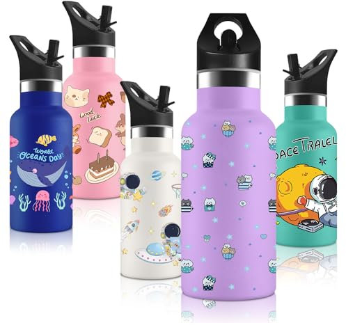 Vikaster Botella agua Acero Inoxidable, con Tapade Popote y asa, Botella Agua Niños, Sin BPA, 350ml, Botella Termica Reutilizable, para Adultos, Niños, Escuela, Ciclismo, Gym, Deportiva
