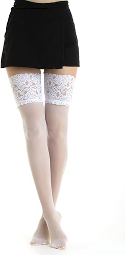 Gi&Gi Bas Autofixants Femme avec Dentelle Florale, Taille Haute, Blanc, Rouge et Noir, 20 Deniers