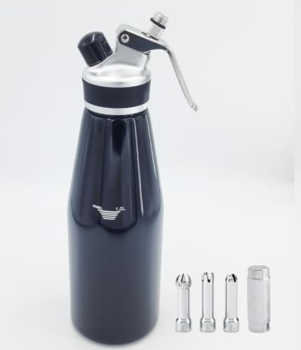 TFORESTER Whipped Cream Dispenser – Stainless Steel Body, Vibrant Colors with 3 Nozzles for Desserts, Coffee, and More (Black, 1000ML)