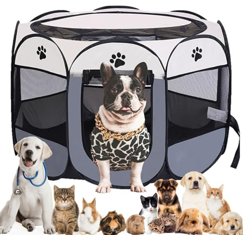 Pet Playpen Portable Dog Pen Foldable Pop Up Cat Play Pen, Oxford Fabric Soft Dog Crate Cage Puppy Pen for Indoors Outdoor Travel, Cat Tent Whelping Box for Kitten Rabbit Hamster Guinea Pig (Grey M)