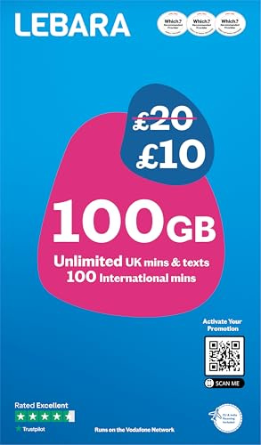 Lebara Mobile SIM Card: 100GB Data Plan for £10, Half Price for First 3 Months, No Contract, UK Calls, Texts, International Minutes, EU and India Roaming Included, Fits All Devices