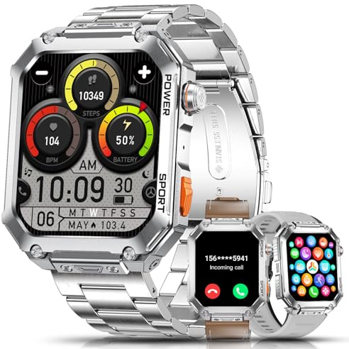 ESFOE Montre Connectée Homme Militaire,1,96 Smartwatch Homme avec Appel Bluetooth |3 Bracelets | 100+ Modes Sportifs|400mAh 5ATM Étanche|Fréquence Cardiaque Podomètre Fitness Tracker Argent Métallisé