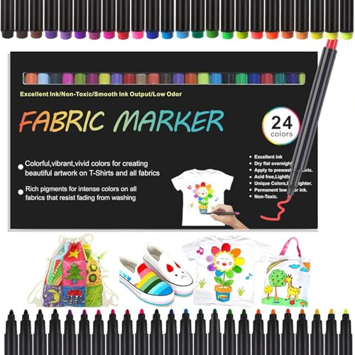 Genérico 24 Colores Rotulador Textil Permanente,Pintura Textil Permanente y Lavable,Marcadores de Tela, Perfecto para Camisetas, Bolsas, Tote Bag y Otros Tejidos