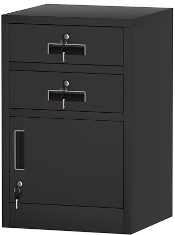 JINGUR Metallschrank mit verschließbarer Tür und 2 abschließbaren Schubladen für Zuhause, Büro, Schlafzimmer, Wohnzimmer (schwarz)