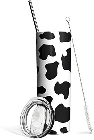 Tumbler mit Kuh-Aufdruck und Deckel und Strohhalm, Edelstahl, isoliert, thermisch, schmal, Kühe, schmal, dekorativ, Kuh, Geschenke für Frauen, Geschenk für Damen, 590 ml