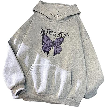 Minetom Damen Kapuzenpullover Langarm Hoodie Kawaii Schmetterling Hoodies Pulli Teenager Mädchen Mode Casual Sweatshirt Herbst Winter Warme Oberteile mit Kapuze Kordel und Taschen B Grau S