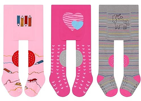 L&K-II 3er Pack Krabbelstrumpfhose Baby Mädchen Jungen Strumpfhose mit ABS Sohle Anti Rutsch Noppen Punkte Tier Herz Motiv 2732B 68-74