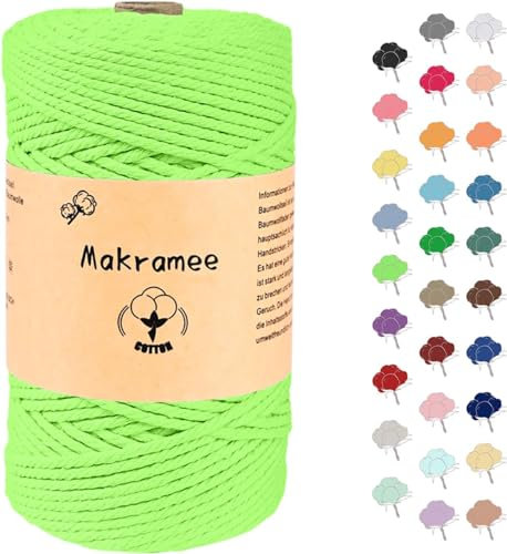 3mm x 200m Makramee Garn, Baumwollgarn, Macrame Kordel für Basteln, Pflanzenbügel,Hell Gras-Grün