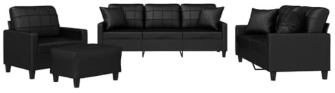vidaXL Juego de Sofás 4 pzas, Sillones de TV con Cojines, Sofás de Descanso Relax, Asientos Tapizados para Salón Hogar, Cuero Sintético Negro