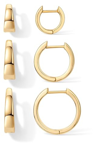 PAVOI 18K Yellow Gold Plated 925 Sterling Silver Posts Three Pairs Small Hoop Earrings for Women - Wide Huggie Earscape Piercing Pack - Gold Hoop Earrings Set