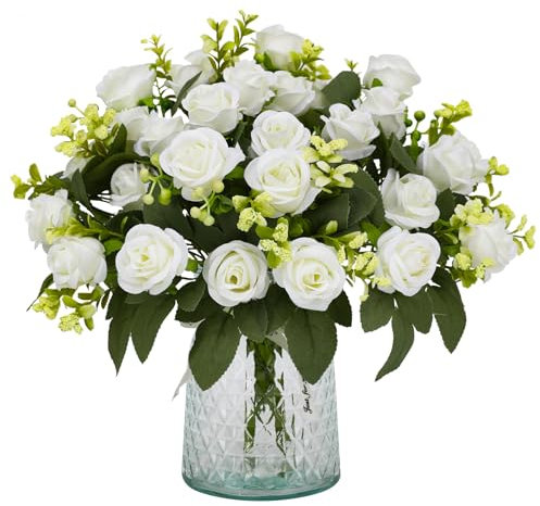 JUSTOYOU 4PS künstliche Blumen Rosen, weiße Seide Rose Sträuße mit Stiel, gefälschte Blume Realistische Rose für Hochzeit Home Garten Party Büro Dekor (weiß)