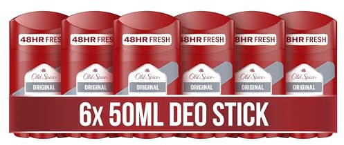 Old Spice Déodorant en stick original pour homme, 6 x 50 ml, fraîcheur 24/7 pour une utilisation quotidienne, parfum de qualité parfumée, protection contre les odeurs, 0% de sels d'aluminium