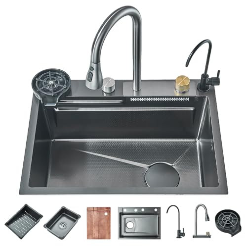 Cesinkin Evier Cuisine Multifonction avec Haute Pression Robinet Bec Extractible et eau Pure Rince Verr 60 * 45 * 21cm Automatique Evier 1 Bac avec Egouttoir