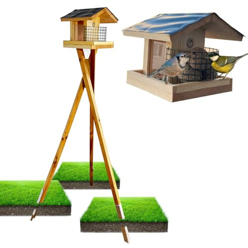 STAFECO Vogelfutterhaus Vogelhaus mit ständer wetterfest Futterhaus Handarbeit aus Natur Holz V zum Aufhängen im Garten und Balkon Gartenvögel (Vogelhaus mit ständer)