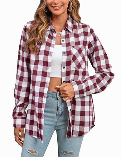 Stamain Chemise à Carreaux Femme Manches Longues Décontractée Oktoberfest Chemise Flanelle Cowboy Blouses Boutonnées Bourgogne/Blanc L