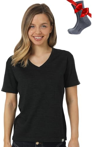 Merino.tech Camiseta Lana Merino Mujer — 100% Merino Lana Camiseta Interior Mujer con Calcetines (XX-Large, Charcoal V-Neck)