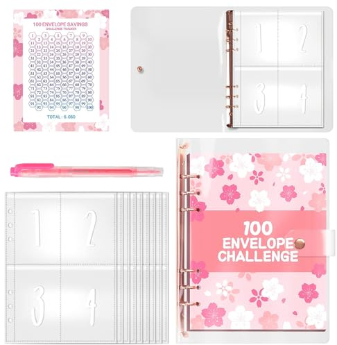 SRJQXH Libreta de Ahorro A5, Hojas Sueltas de 6 Agujeros Agenda de Ahorro, PVC Organizador Ahorro Dinero, con Bolígrafo y 100 Bolsillos Prenumerados para Desafío de Almacenamiento de 100 Días