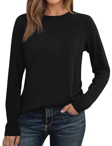 Demegimi Tee Shirt Femme Manches Longues Haut Femme Casual Col Rond T Shirt Oversize Femme Confortable et Tendance pour Automne Hiver Quotidien,Noir,S