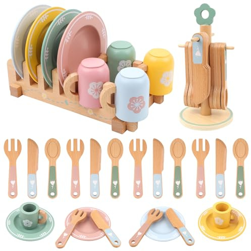 Accesorios de cocina para niños, utensilios de cocina infantil, accesorios de cocina de juguete de madera con tazas, juego de té multicolor, accesorios de cocina, juguetes para niños y niñas, 3, 4, 5