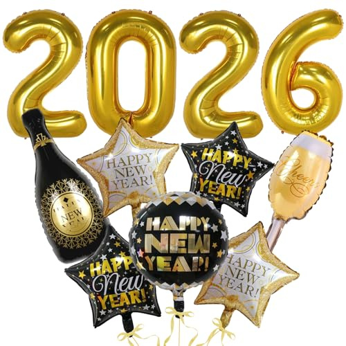 11 PCS Happy New Year 2026 Decorations, Numbers Balloon, Round Star Champagne Goblet Foil Balloon, Happy New Year Balloons for NYE Decorations, Graduation Decoration Party Supplies