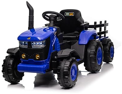RONIPIC 12v Kids' Electric Ride-on Tractor (Blue), with Detachable Trailer, Parent Remote, Music, Horn & 7 LED Lights, Ideal Toy for Ages 3+ Boys & Girls