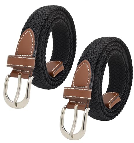 KEYRI 2 Pièces Ceinture Élastique pour Femmes，Ceinture Neutre Ceintures Décontractée Ceintures Polyvalente, Taille Unique Tressée Extensible Toile Sangle pour Hommes Femmes (2 Noir)