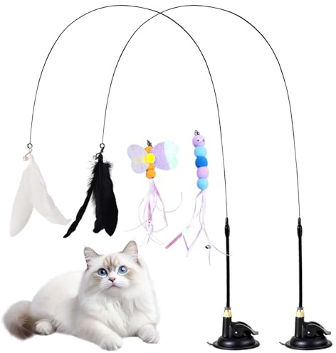 Kattleksaker, 2-pack fiskespön med sugkopp och 4 utbytbara huvuden, naturliga interaktiva kattleksaker, fiskespön för kattungar att röra sig och leka (2)