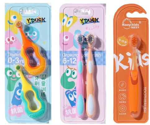 AEUXZA Set de 3 Cepillos de Dientes Infantiles – Cepillos Evolutivos para Diferentes Etapas de Crecimiento, Cerdas Extra Suaves de 0,12mm y Mango Ergonómico para Niños y Juniors, Higiene Bucal