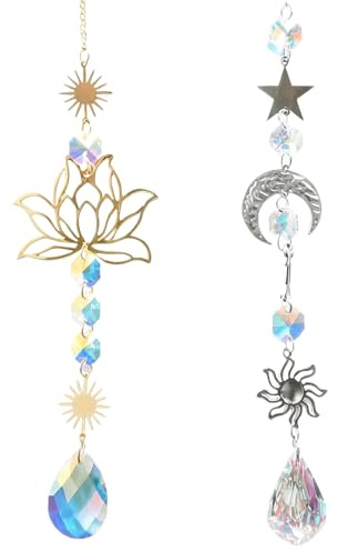 Nivofu 2 Piezas Atrapasoles, Atrapasol con Flor de Loto y Luna, Suncatcher Ornamento Colgante, Prisma Arcoíris de Vidrio, Campana de Viento, Decoración Espiritual para Jardín y Hogar