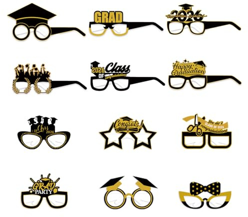 12Pcs Graduation Eyeglasses, Graduation Decorations, Photo Booth Props | Class of 2026, Glitter Congrats Grad Eyeglasses for Graduation Party Decoration Photo Props Supplies (Black, Gold)