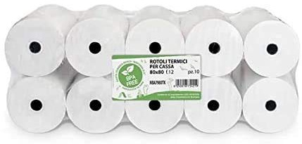 10 rotoli di carta termica CF per registratori di cassa, 80 x 80 cm, foro 12 mm, carta omologata per banconote e ricevute telematiche