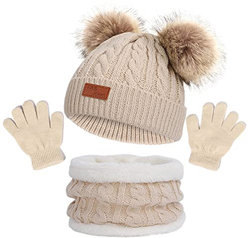 NLAND Cappello a Maglia Bambini Invernale 3 in 1 Termico Beanie Cappello Sciarpa Guanti Set Morbido e Caldo Berretto con Pompom Scaldacollo Guanti per Ragazzo Ragazza 2-6 Anni(Beige#1，Taglia unica)