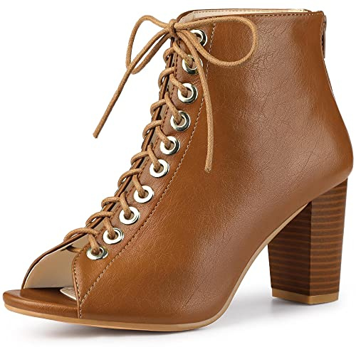Allegra K Women's Peep Toe Lace Up Chunky Heeled Brown Ankle Booties - 8 M US