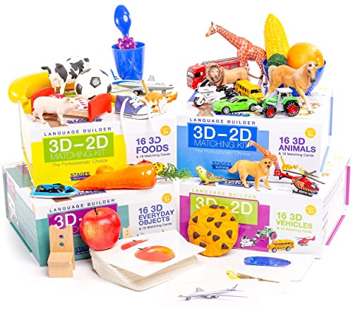 Stages Learning Materials Language Builder 4 Box Set of 3D- 2D Noun Flash Cards and Realistic Toy Figures Vocabulary Autism Learning Products for ABA Therapy and Speech Articulation