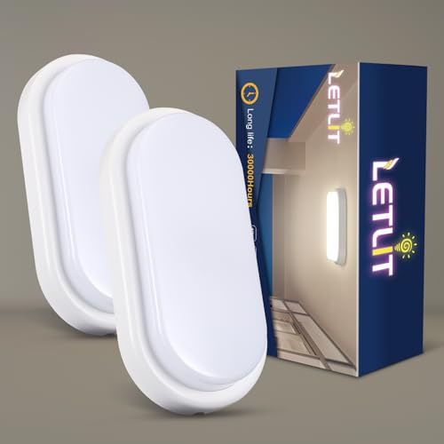 Letlit LED Applique da Parete Interno, 12W 1200LM Plafoniera da Esterno, IP54 Applique Bagno Ovale Luci, Bianco Neutro 4000K Lampada Led Soffitto Luce per Balcone Scale Corridoio Garage, 2 Pezzo