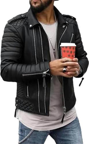 JXQXHCFS Chaquetas de cuero para hombre de otoño e invierno, solapa con forro de algodón, cremallera, abrigo de cuero acolchado, ropa de calle, color negro, talla L