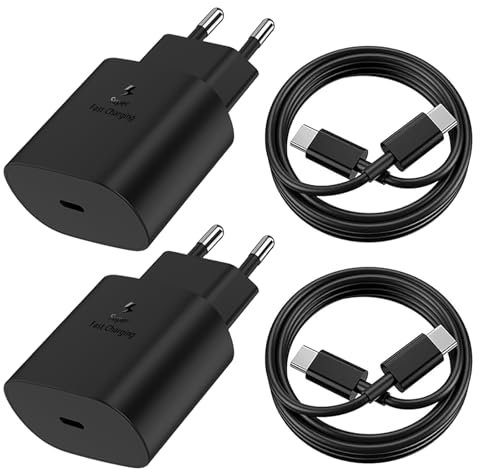 2Pack 25W Chargeur USB C avec 2 Câbles de 2M,Charge Rapide pour Samsung Galaxy S25/S24/S23/S22/S21 Ultra/S21+/S20/Note20/S10/S9,iPhone 16 Pro Max/15 Plus/iPad Pro,Adaptateur Secteur