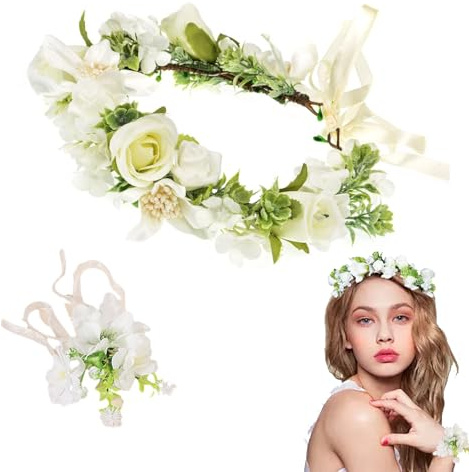VIDSTW Blumenkranz Haare Verstellbar Haarkranz Blumen Haarreif Imitierte Rosen Armband Kommunion Haarkranz Blumen Blumenkranz Kommunion Mädchen Bohème-Stil für Strand Festival Hochzeit